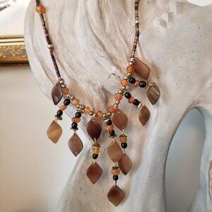 Vintage Dangle Diamond Shaped Brown Black Tan and Orange Bead Bib Necklace, Boho